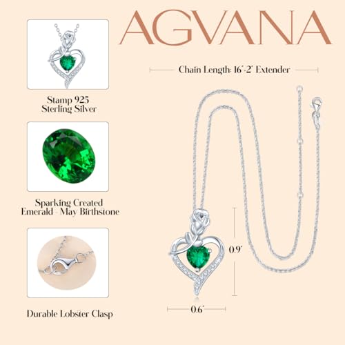 Agvana May Birthstone Jewelry Emerald Necklace For Women Sterling Silver Rose Flower Heart Pendant Necklace Fine Jewelry Anniversary Birthday Gifts For Women Mom Wife Lady Her thumb #4