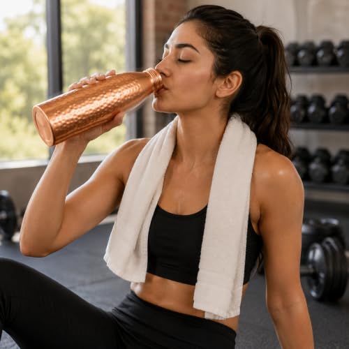 Image of Pure Copper Water Bottle 32 Oz with Carry Bag & Cleaning Brush, Wide Mouth Leak Proof Ayurvedic Drinking Bottle, Reusable Copper Bottle for Home Office Gym Travel