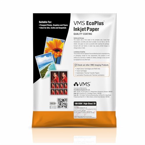Image of VMS EcoPlus 180 GSM A4 Glossy Photo Paper - Water Resistant, Pack of 20 sheets, Compatible with all Inkjet Printers