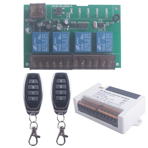 Interrupteur de télécommande de relais sans fil 110V 220V 4 canaux, RF 433Mhz AC 90V-250V 4CH Ouvre-porte de garage Récepteur de commutateur sans fil 2 émetteurs (4CH-2* Contrôleur 433Mhz)