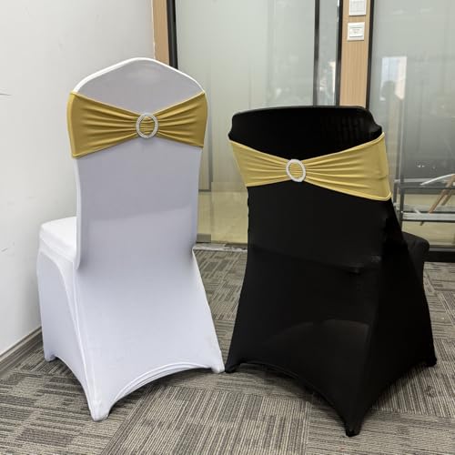 Image of Spandex Chair Sashes Bands, Gold, 30PCS | Stretch Chair Ties Bows, With Buckle Slider, For Wedding Party Banquet Decoration