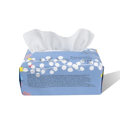 Toallitas Secas Facial de 100% Algodón Desechables 20x20cm - 60 Toallitas Fibra Algodón Natural para Bebés, Absorbente Biodegradable Reciclable, Super Suave