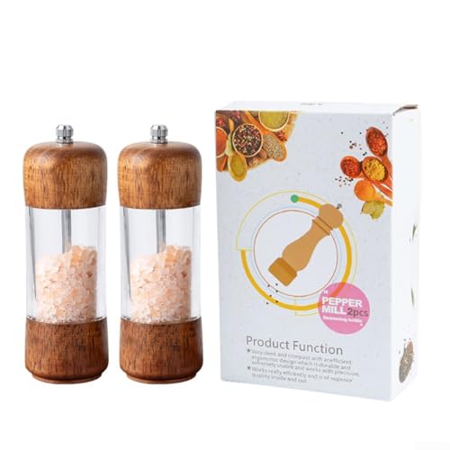 Macinapepe in acrilico trasparente con macinasale manuale in legno, per macinatura regolabile e utilizzo in cucina e tavolo da pranzo (set da 2 pezzi)
