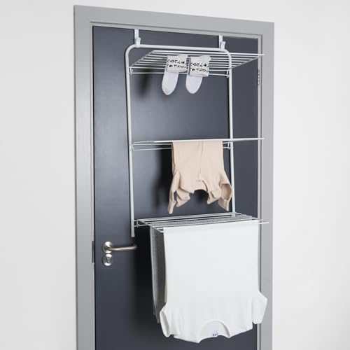 OHS Over Door Clothes Drying Rack Tiered Foldable Drying Rack Easy to Pull and Open Over Door Airer Indoor Outdoor Multi-Tiered Design Clothes Airer White