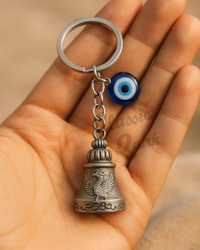 Image of Evil Eye Hooked Guardian Bell Keychain - Protective Lucky Charm Bell with Clip Hook for Bike, Car, Key & Bag | Spiritual Good Luck Talisman Gift