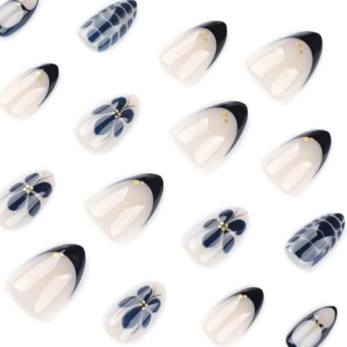 Image of Black Press on Nails Short Almond Fake Nails Flower False Nail with Design Alligator Print Glue on Nails Glossy Artificial Acrylic Nail Full Cover Nude Stick on Nail for Women Manicure 24Pcs