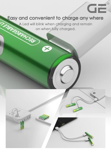 Image of GE AAA Rechargeable Batteries (Lithium 1.5V - 600 mWh) - in 2026 | Fast Charge (Direct USB‑C + Wireless) | Pack of 2 Batteries | 10 Years of Life and 1 | 500+ recharges | 3 Year Warranty