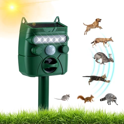 Ahuyentador Gatos, Exterior Solar Ultrasonidos Repelente Gatos con Sensor PIR Flash Estaca de Tierra Ahuyentador Palomas IP45 Impermeable con 5 Modos para Jardín Palomas Ratón Perro