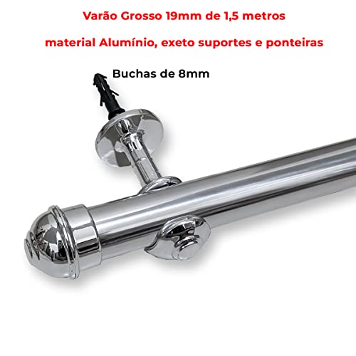 Kit completo Varão / Bastão de cortina 1,5 metros Grosso 28mm e Fino 19mm Cromado Branco Preto Tabac