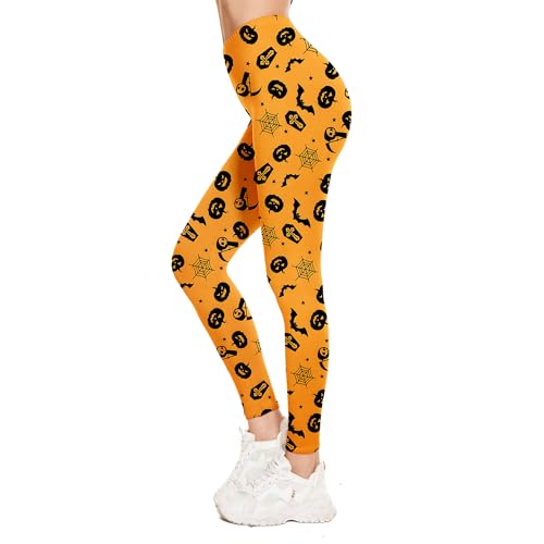 Zando Halloween Printed Leggings for Women Holiday Patterned Tights - High Waisted Stretchy Soft Full Length Non See Through Workout Yoga Pants Orange Pumpkin Large-X-Large