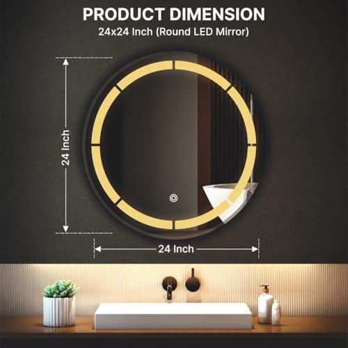 Image of LED Bathroom Wall Mirror with Decorative 3 Light Design | Touch Sensor | Warm | Natural and Cool White | for Wash Basin | Bedroom | Dressing Area Decoration (Round 2nd, 24x24)