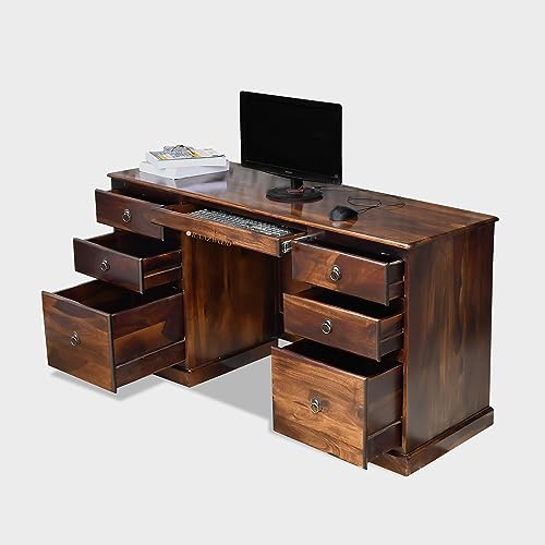 Image of Sheesham Wood Wooden Study Writing Desk Table for Office | Laptop Computer Table with 6 Drawers Storage for Home and Office | Sheesham Solid Wood Study Table,Teak