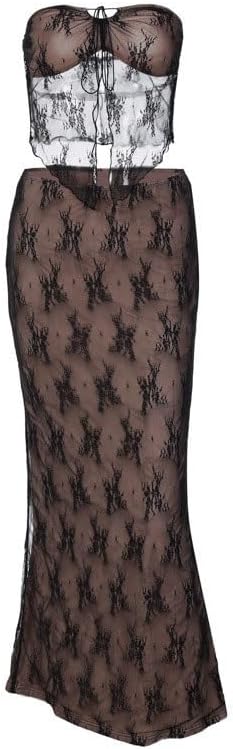 JSEIAJB Ladies Lace Splicing Suit Chest Long Skirt Suit Fashion Cotton Stretch Sleeveless Suit(D,Medium)