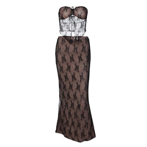 NSUQOA JSEIAJB Ladies Lace Splicing Suit Chest Long Skirt Suit Fashion Cotton Stretch Sleeveless Suit(D,Medium)