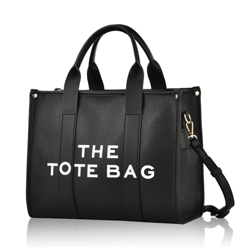 Dimayar Women's Zipper Leather Tote Bags,Tote Bags for Women Teachers,Crossbody Shoulder Bag with Adjustable Straps for Work,Travel,Shopping (Black)