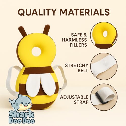 Image of Shark Doo Doo Baby Head Protector Cushion for 6-24 Months | Soft Plush Safety Backpack for Toddlers | Adjustable Straps, Anti-Fall Pillow for Infants (Yellow Bee)