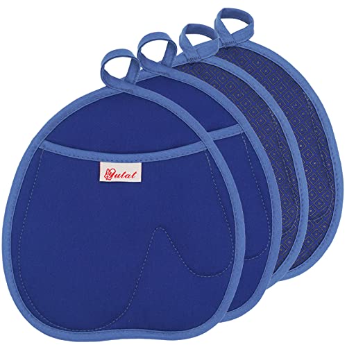 Yutat Pot Holders Heat Resistant Up To 480F Pot Holders For Kitchen, Non-Slip Grip Lid Holder With Soft Fabric And Silicone, Potholder With Pockets And Mitten Shape, Dark Blue, 4Pk #TOP8