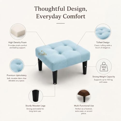 Image of Upholstered Foot Rest Ottoman Stool with Wooden Legs, Tufted Footstool for Living Room, Bedroom, Makeup Vanity, Entryway, Comfortable Footrest Bench, Modern Accent Ottoman (Sky)