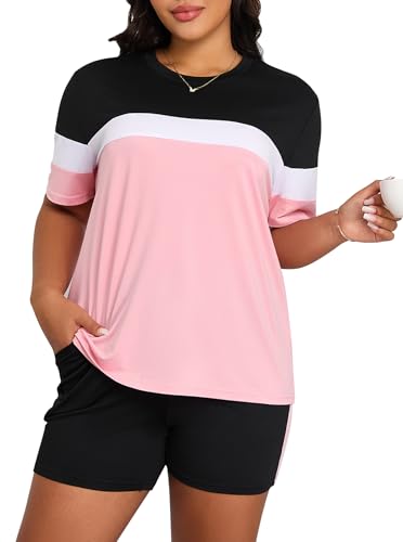 LovelyWholesale Womens 2 Piece Outfits Summer Tracksuits Plus Size Two Piece Outfit Color Block Tops and Short Sets4