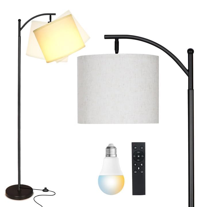 LED Stehlampe, 9W E27 Bogenlampe mit Fernbedienung und Fußschalter, Schwarz Stehlampe Dimmbar 2700K-6500K für Wohnzimmer Schlafzimmer Büro Hotel, Hoch Bogenleuchte mit Ø23CM Stoffschirm Leinen Weiße