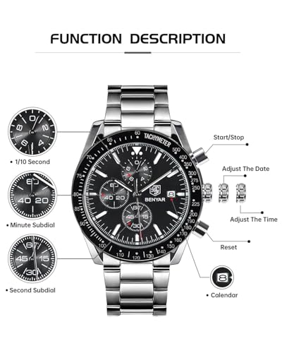 Image of BY BENYAR Amazon Men's Waterproof Date Sport Work Minimalist Classic Analog Chronograph Wristwatch with Leather Band ( Silver Black)
