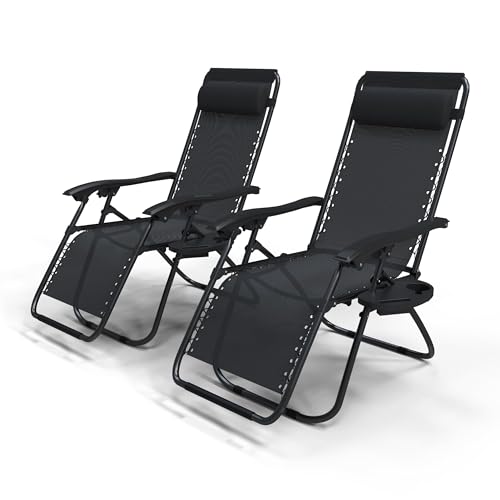 vounot® Chaise Longue Inclinable en Textilene avec Porte Gobelet Et Portable Noir Lot de 2