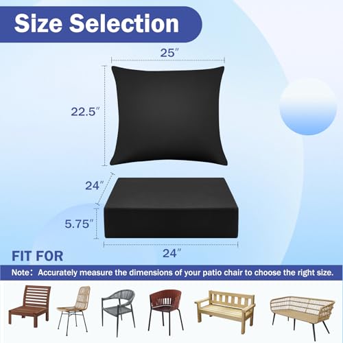 Image of Outdoor Chair Cushions, 24 x 24 Inch Outdoor Cushion for Patio Furniture, Patio Chair Cushion, Waterproof & Fade Resistant Deep Patio Furniture Cushions Set with Handle and Ties, Black (Set of 6)