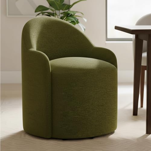 Image of KISLOT Upholstered Dining Chairs with Casters, No Assembly Modern Dining Room Chairs Accent Vanity Chair with 5 Wheels & Round Backrest for Bedroom, Living Room, Dressing, Green Fabric, Set of 1