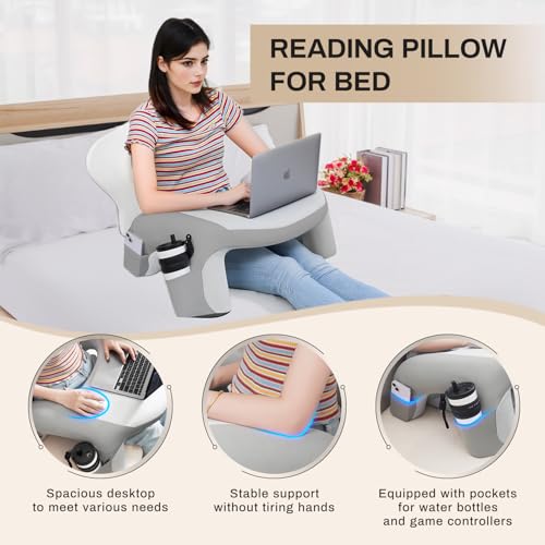 Reading Pillow for Bed, Lap Desk for Laptop, Memory Foam Arm Rest Support Gaming Pillow with Cup/Phone Pocket, Laptop Lap Desk for Working, Gaming, Reading on Couch Bed Floor- Grey
