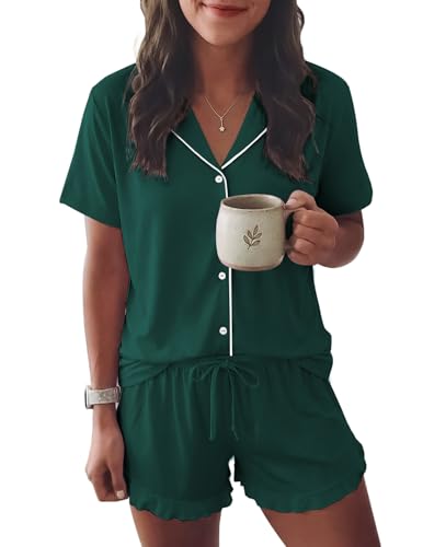 Image of Ekouaer Womens Pajama Sets Button Down Short Sleeve Top and Shorts Cute Ruffled Pjs Sets Sleepwear