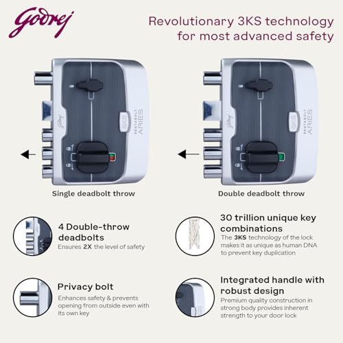 Image of Godrej Rim Lock I Pentabolt Aries 3KS I 5 Bolts I 1CK Deadbolt I for Inside Opening Door l Left /Right Handed Doors I 4 Keys I 15-Year Warranty I Manual Locking I Roman Silver Finish