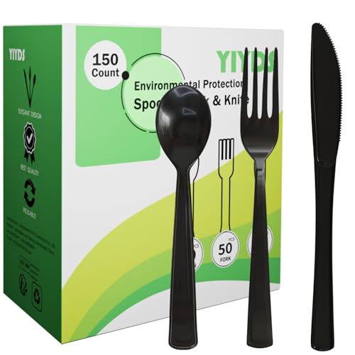 150 Stück Plastikbesteck, Strapazierfähiges Besteck Set aus Kunststoff, Party Hochzeit, schwarz,Messer, Gabel und Löffel je 50pcs...