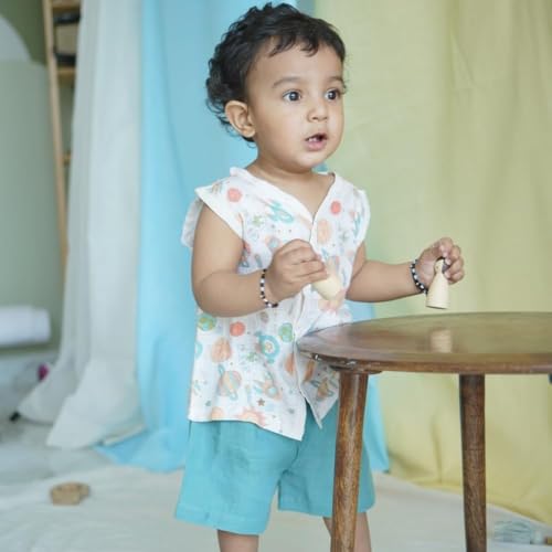 Image of The Boo Boo Club Muslin Jhabla and Short Set GOTS Certified Organic Cotton | Short Sleeve Snap Button Vest | Summer Wear Set | Printed Jhabla with shorts