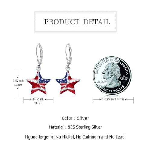 American Flag Earrings for Women 925 Sterling Silver Red White and Blue Star Dangle Drop Leverback Earrings 4th of July Jewelry Patriotic Memorial Day Gifts4
