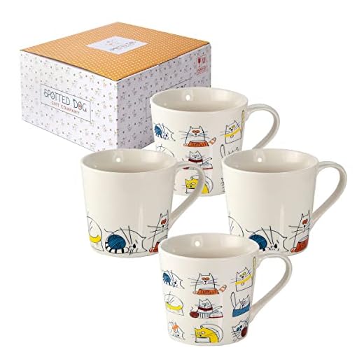 SPOTTED DOG GIFT COMPANY Tazas de Café, Juego de 4 Tazas Desayuno, Tazas de Gato, Taza de Cerámica para Té y Café, Regalo para Amante de los Gatos, 380ml/13oz