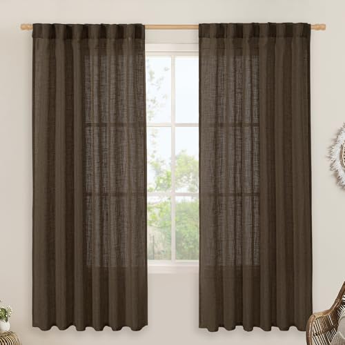 LAMIT Dark Brown 72 inch Linen Curtains for Living Room 2 Panels, Linen Textured Light Filtering Semi Sheer Back Tab and Rod Pocket Farmhouse Curtain Panels for Bedroom/Farmhouse, 52 x 72 Inch