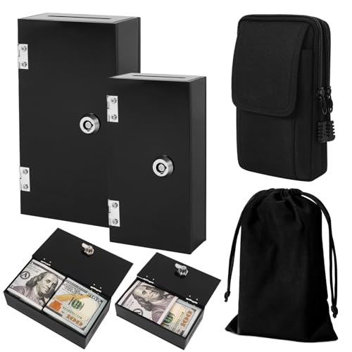 Caixa grande e pequena de acrílico preto para apostadores, pacote com 2, banco de vencedores com chaves, slot, bolsa de armazenamento, bolsa de cintura, organizador portátil de dinheiro para jogos de