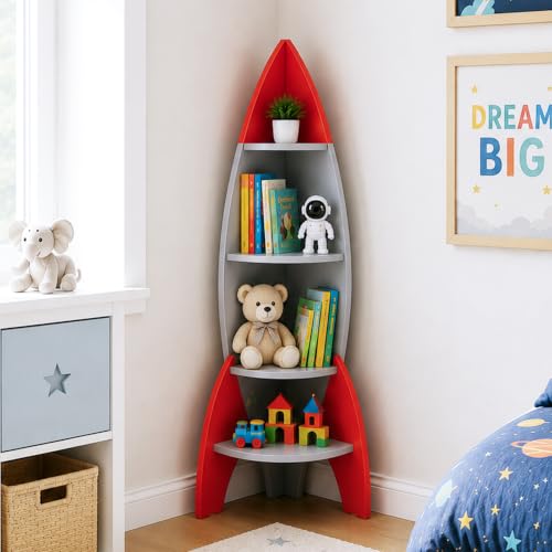 Image of Alex Daisy Rocket Kids Bookshelf | Rocket-Shaped 4-Tier Engineered Wood Book Rack & Multipurpose Storage Shelf | Kids Book Organizer for Bedroom, Playroom, Nursery & Preschool | Toy Display Rack
