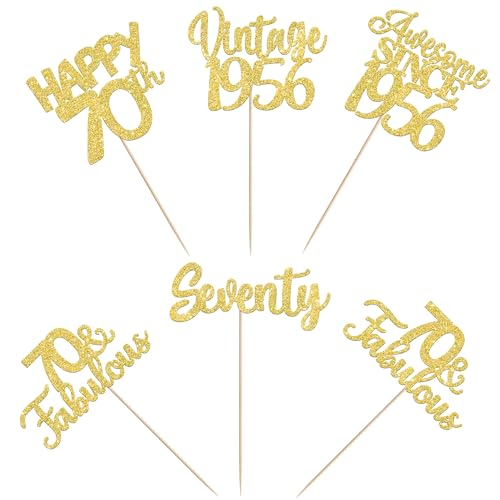 Image of 15 PCS 70th Birthday Centerpiece Sticks Double Sided Seventy Happy 70th Vintage 1956 Table Flower Centerpieces Sticks Cheers to 70 Fabulous Floral Decorations for 70th Birthday Party Supplies Gold