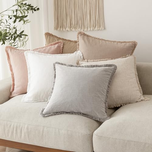 Image of Foindtower Decorative Linen Fringe Throw Pillow Covers Cozy Boho Farmhouse Cushion Cover with Tassels Soft Accent Pillowcase for Chair Sofa Bed Living Room Home Decor, 16x16 Inch, 1PC,Light Pink