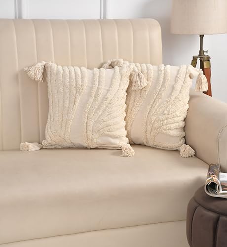Image of TIB Premium Boho Decorative Throw Cushion Covers, 16 x 16 cm, Set of 2, Cotton. (Cream Waves)