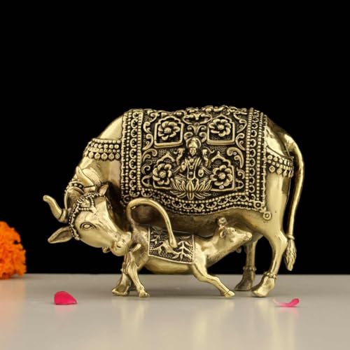 Image of INDICAST Handcrafted Brass Cow with Calf for Good Luck | 3 inch Kamdhenu Gau MATA Idol Spiritual Vastu Nandi Pooja Figurine Sculpture for Home and Office (Weight- 210gm)