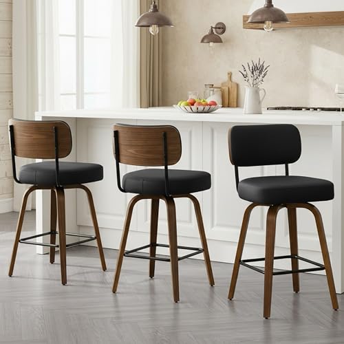 Image of Swivel Bar Stools Set of 3, 30 inch Upholstered Counter Height Bar Stools with Back and Walnut Wood Legs, Faux Leather Barstools for Kitchen Counter, Black