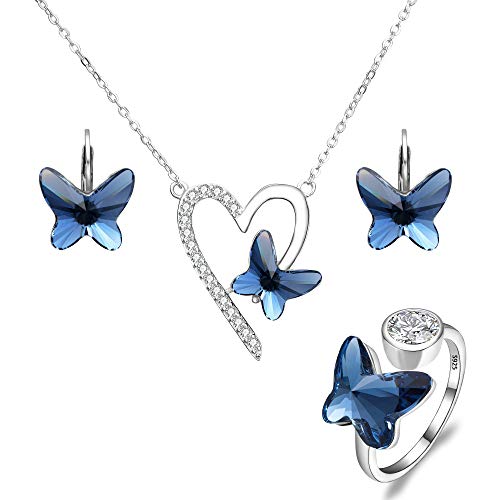 EleQueen 925 Sterling Silver Love Heart Butterfly Pendant Necklace Stud Earrings Ring Sets Made with Crystals, Valentine's Day/Mother's Day/Christmas Jewelry Gift for Wife/Mom