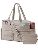 BAGSMART Gym Bag for Women, Lightweight Puffer Duffle Bag 2-PC Travel Bag, 31L Weekender Overnight Bag Quilted Carry On Tote Bag, Diaper Hospital Dance bag for Travel, Gym, Water Resistant, Camel