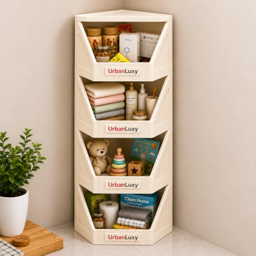 Image of URBAN LUXY Collapsible Wardrobe Rack for Storage /Sturdy Wardrobe /Kitchen Cupboard /Foldable Storage Organizer /Closet for Bedroom /Living Room /Laundry Room (Corner Cupboard, 4PCS)