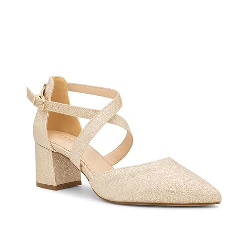 Image of Paradox London Farrah Wide Fit Mid Block Heel Pumps, Shimmer Finish, Cross Adjustable Strap (Champagne, UK Footwear Size System, Adult, Women, Numeric, Wide, 9)