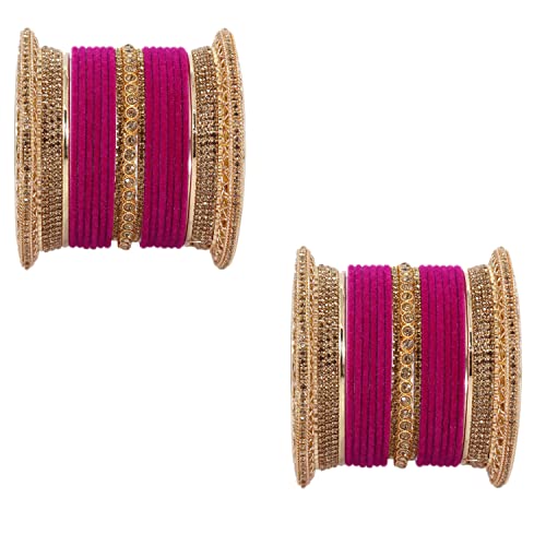 Image of NMII Non-Precious Metal with Base Metal and Studded with Zircon Gemstone Glossy Finished Traditional Velvet Bangle Chuda set for Women and Girls