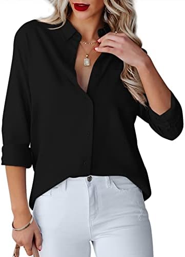 hellobaby Womens Button Down Shirts V Neck Long Sleeve Office Casual Business Plain Blouse Tops with Pocket