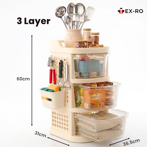 Image of TEX-RO 3 Layer Plastic Drawer Cabinet with Wheels & Side Hooks | Stackable Storage Trolley Organiser for Kitchen | Multipurpose Drawers Organisers Rack with Basket - Transparent And Ivory